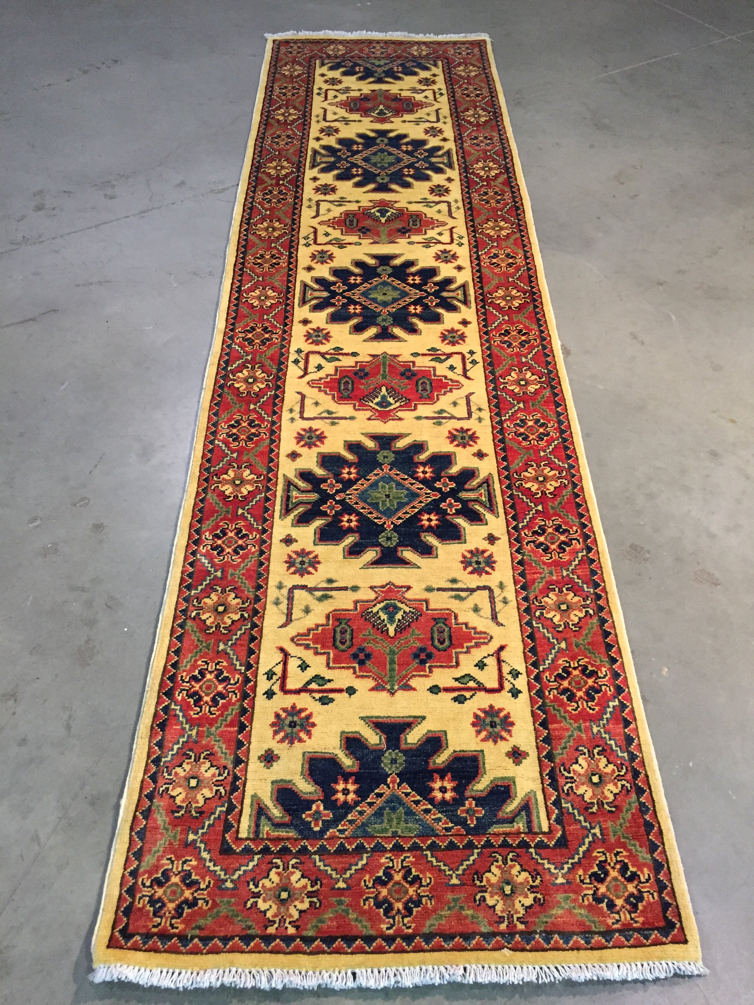 Hand Knotted Wool Geometric Kazak Runner 2.8X10