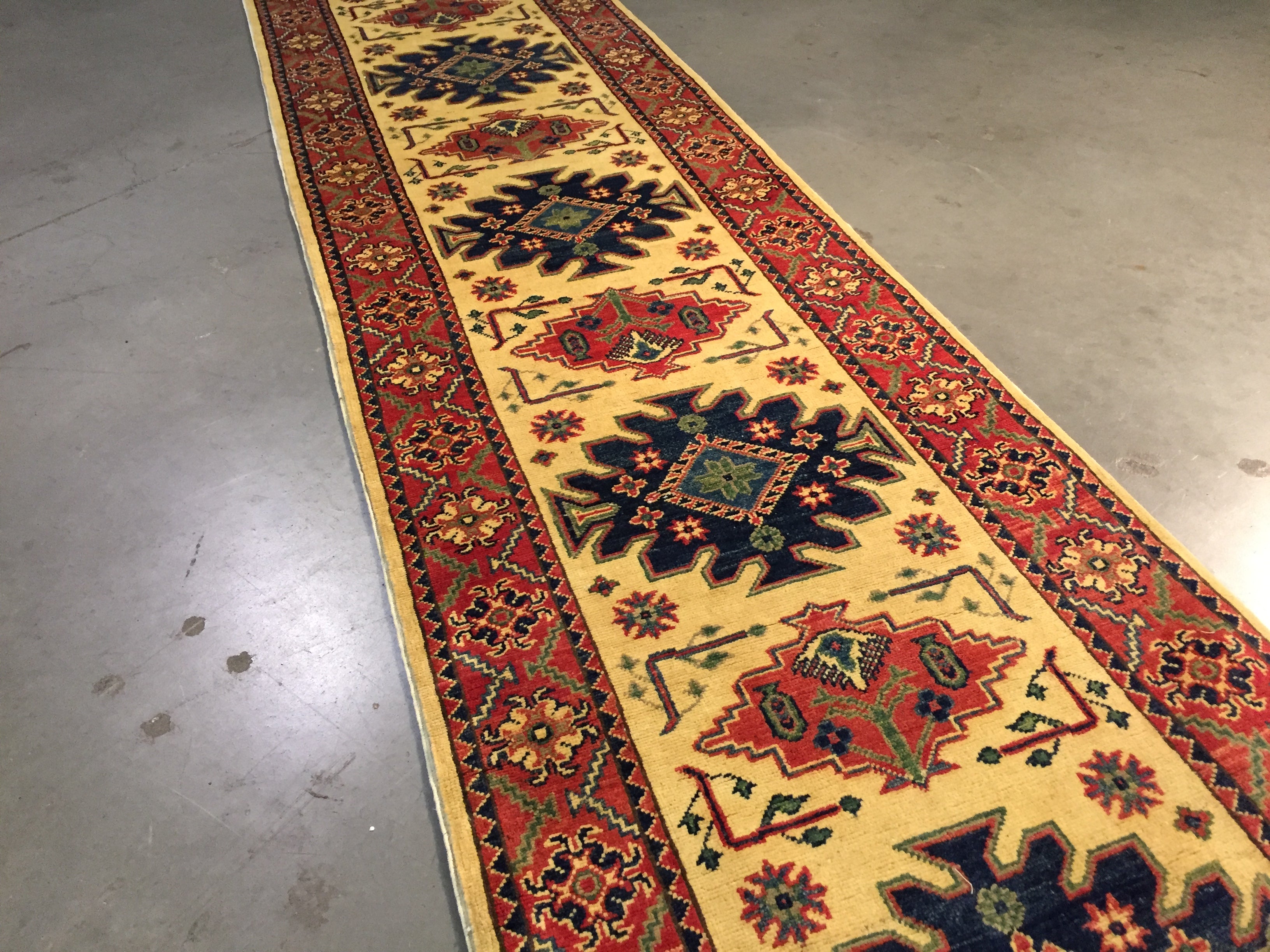 Hand Knotted Wool Geometric Kazak Runner 2.8X10