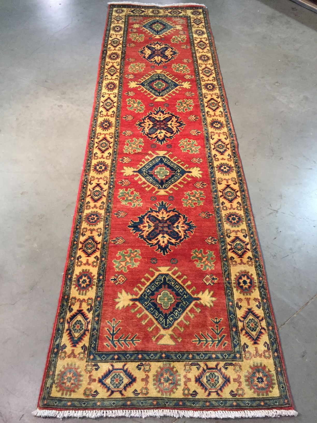 Hand Knotted Wool Geometric Kazak Runner 2.7X9.4