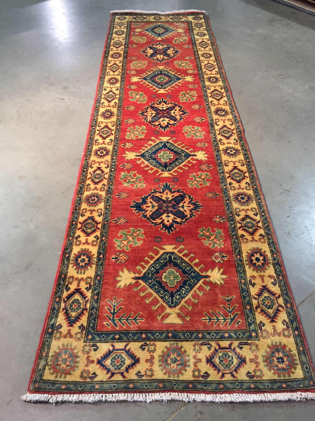 Hand Knotted Wool Geometric Kazak Runner 2.7X9.4