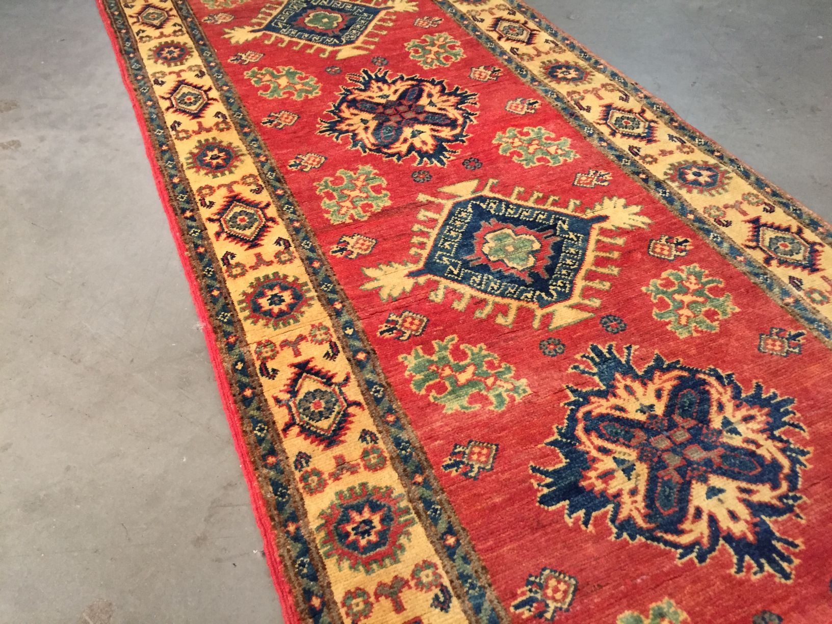 Hand Knotted Wool Geometric Kazak Runner 2.7X9.4