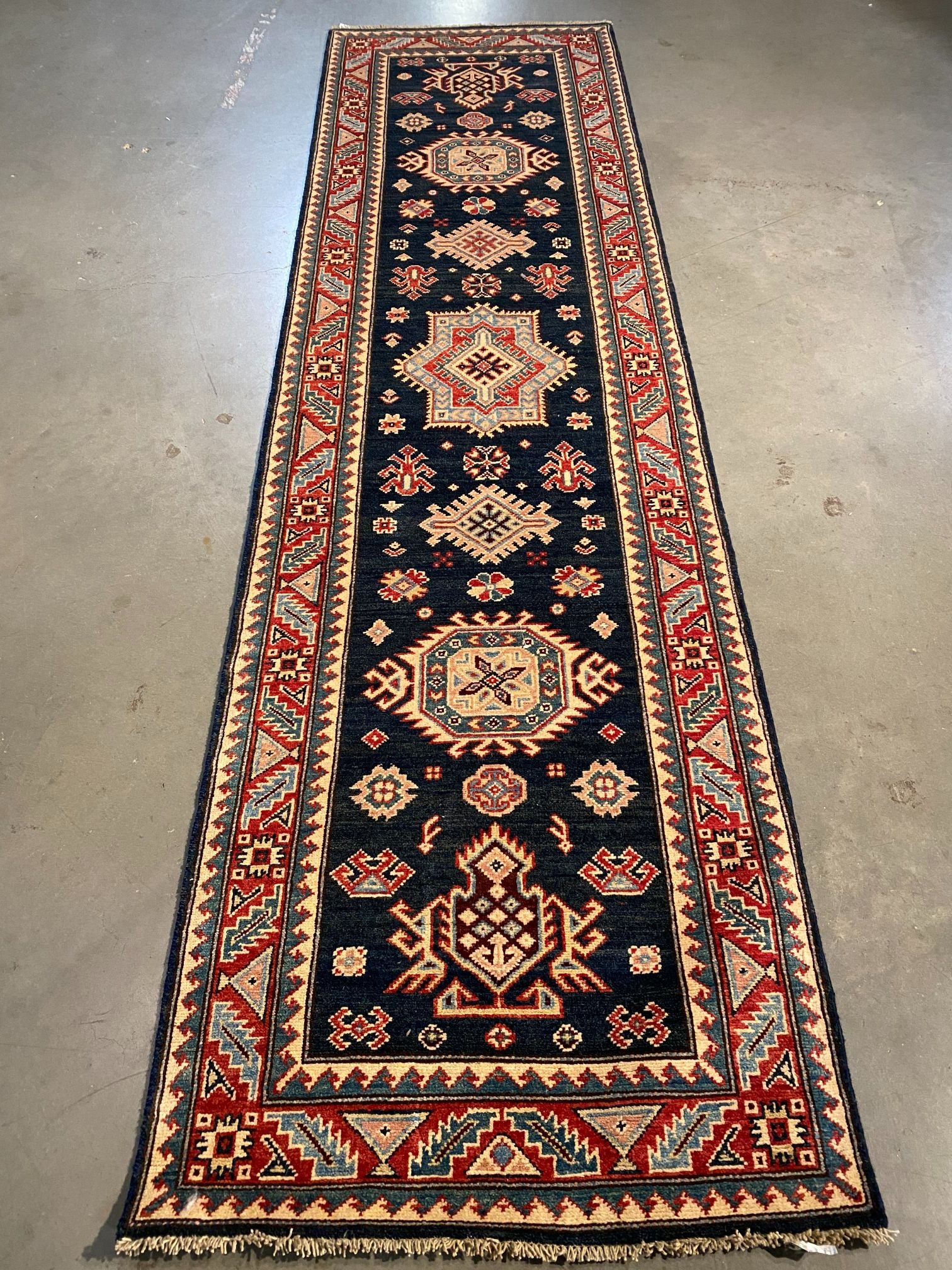 Hand Knotted Wool Geometric Kazak Runner 2.7X7.7