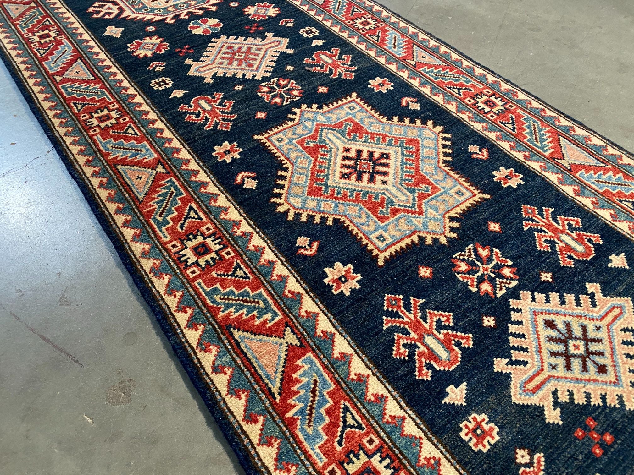 Hand Knotted Wool Geometric Kazak Runner 2.7X7.7