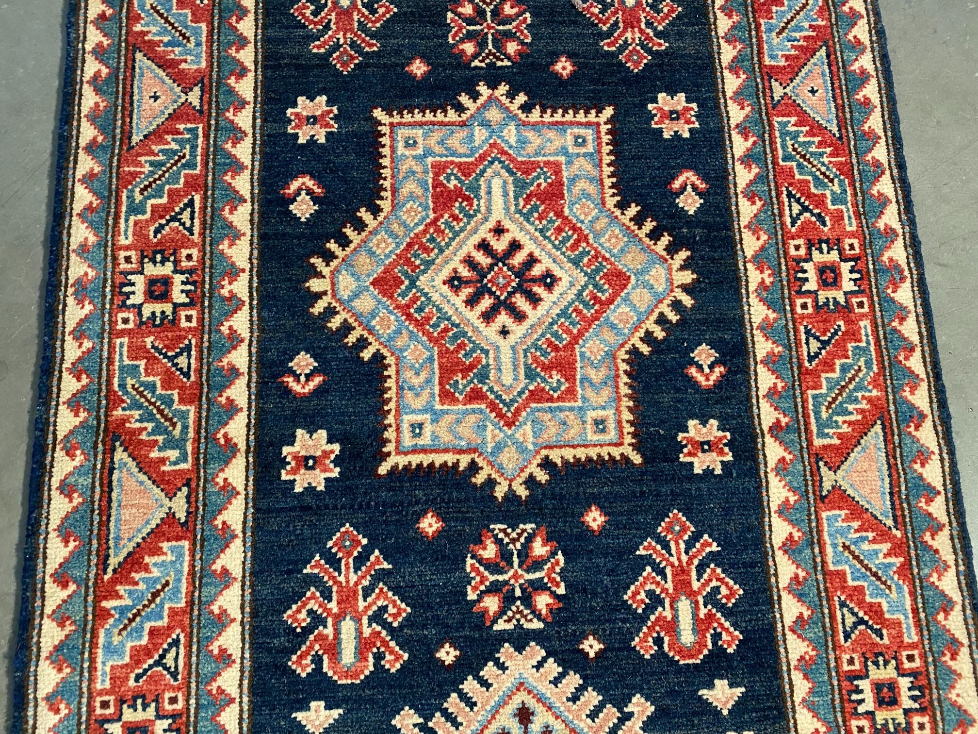 Hand Knotted Wool Geometric Kazak Runner 2.7X7.7