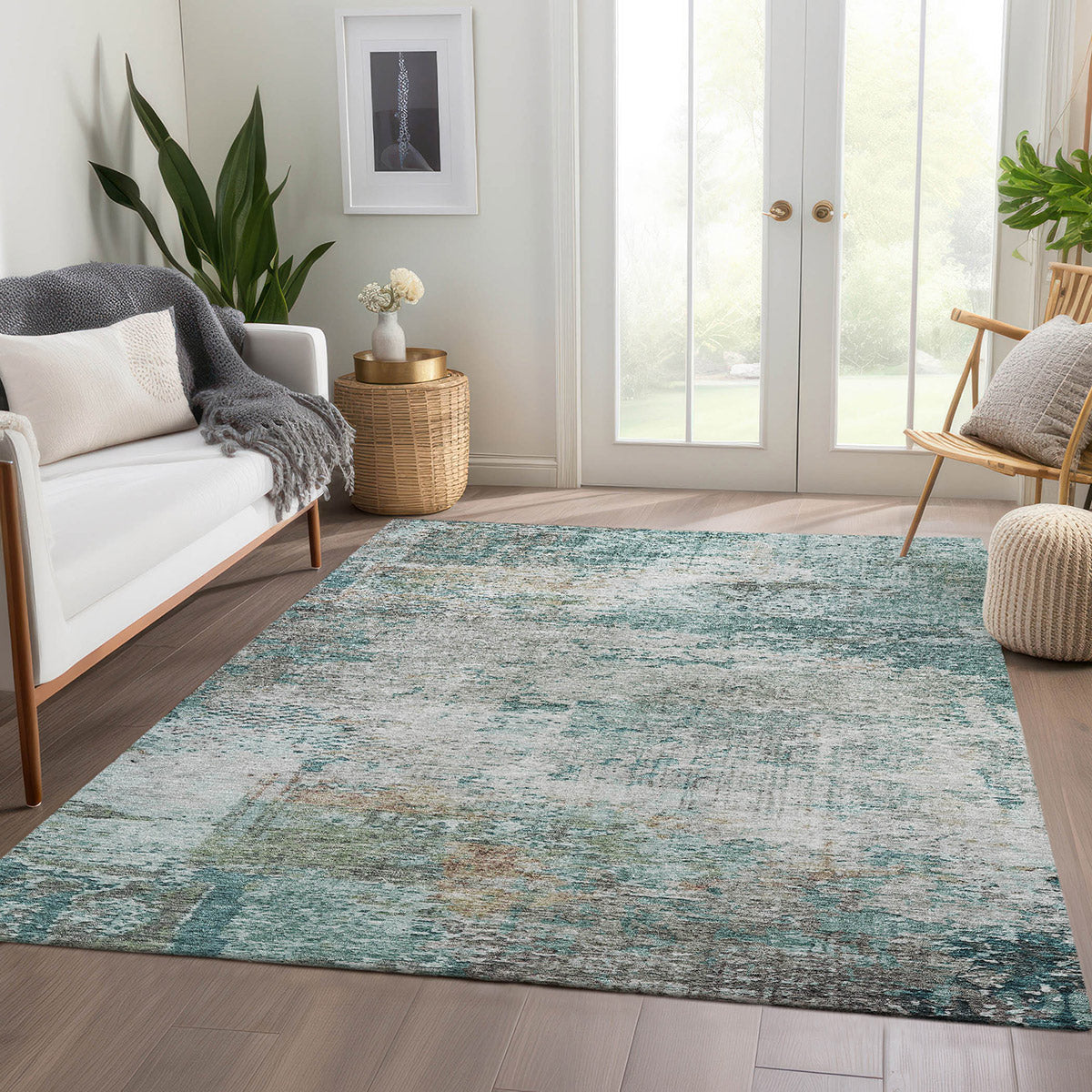 Solace Transitional Modern Microfiber Rug With Non-Skid Backing -Teal