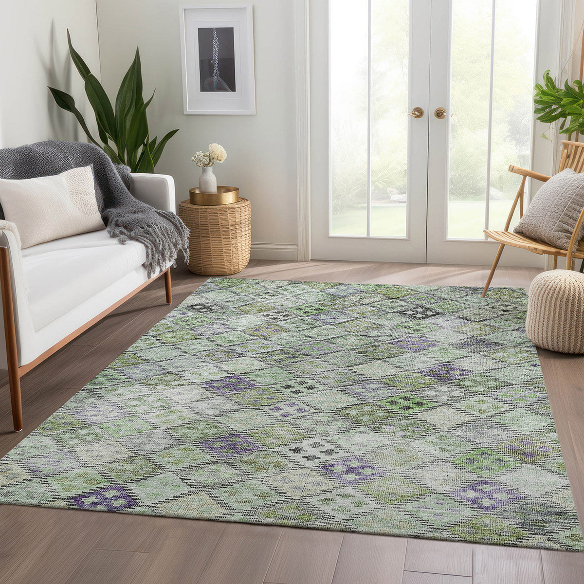 Solace Geometric Microfiber Rug With Non-Skid Backing - Green