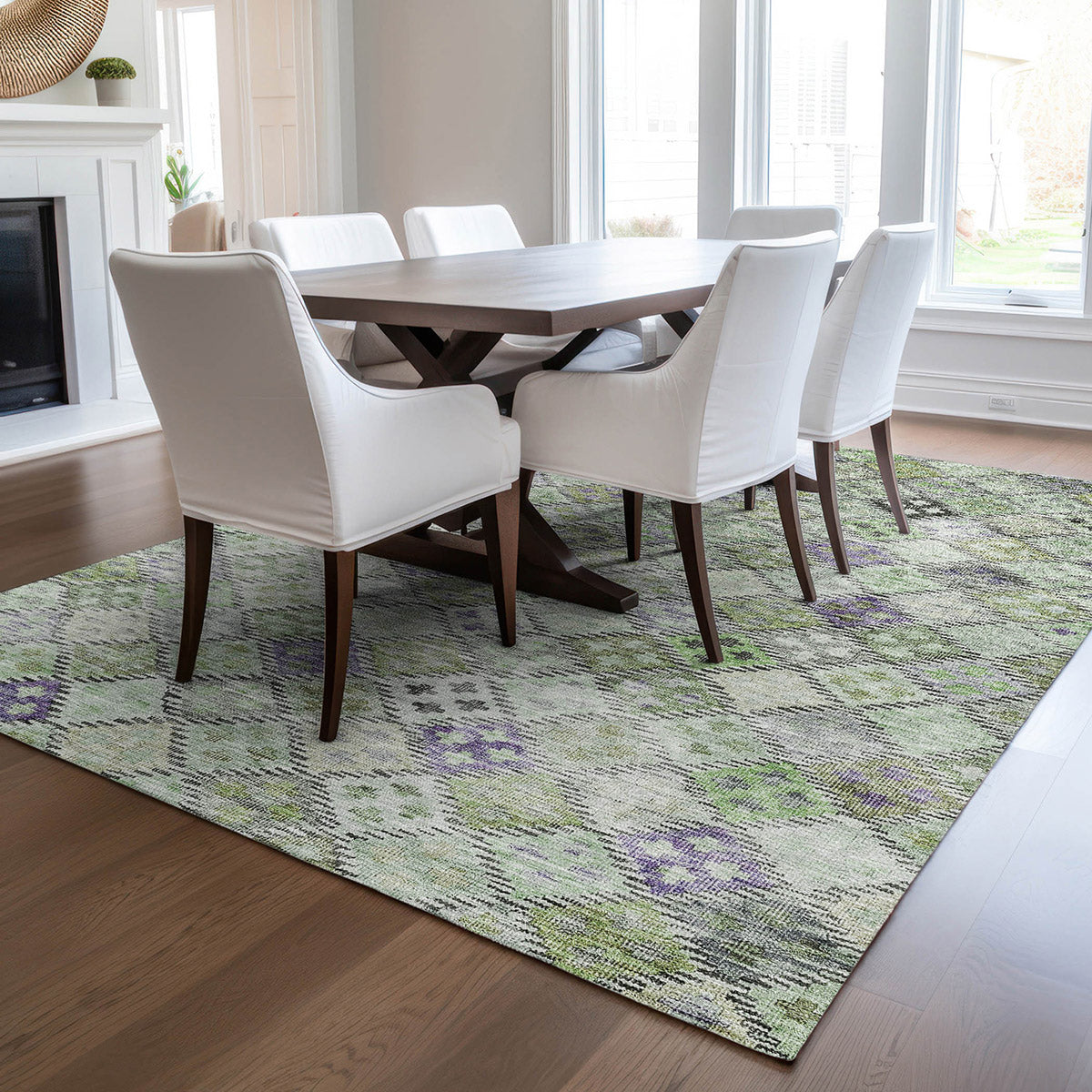 Solace Geometric Microfiber Rug With Non-Skid Backing - Green