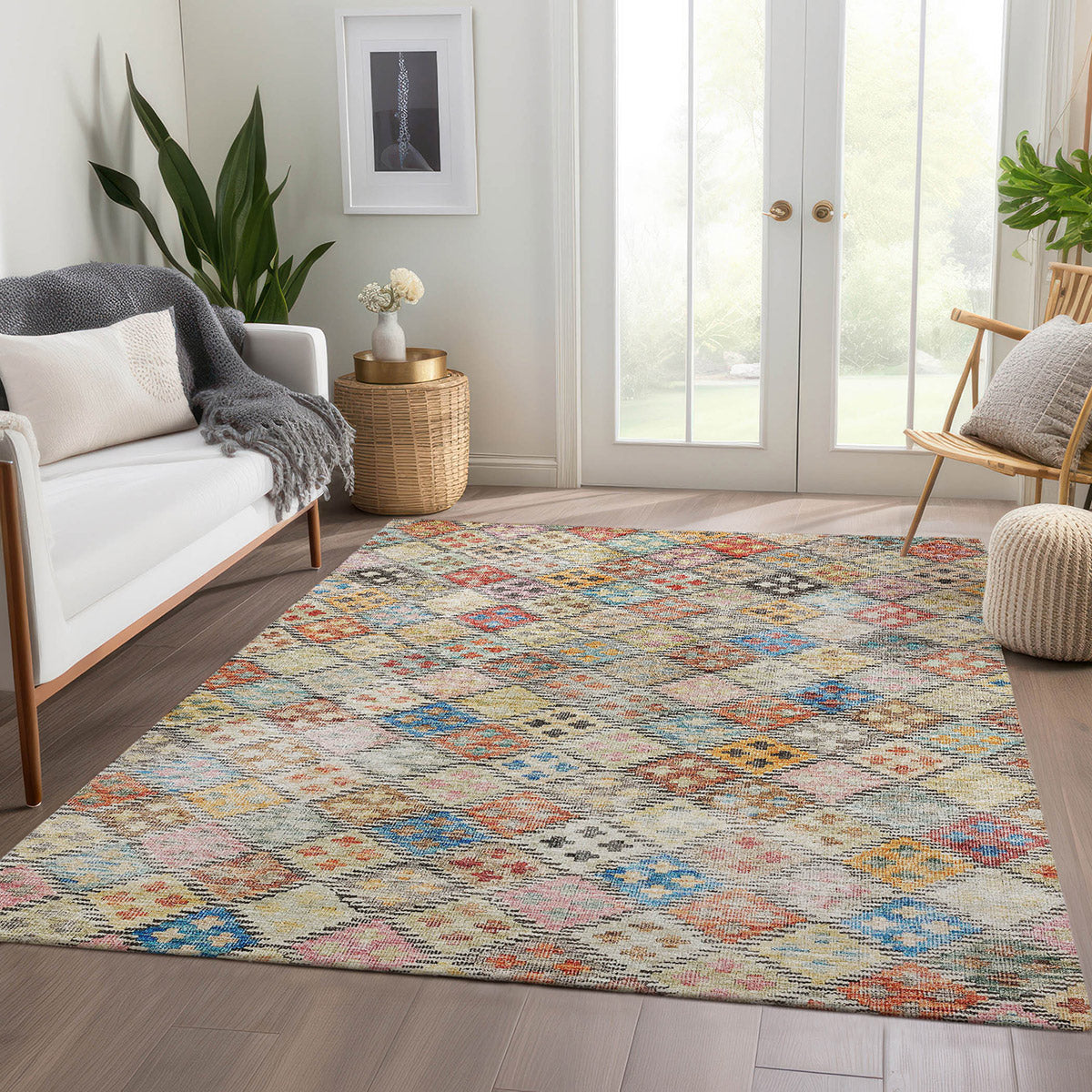 Solace Geometric Microfiber Rug With Non-Skid Backing - Paprika